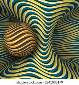 Moving torus of wavy striped pattern with sphere. Vector psychedelic optical illusion illustration.