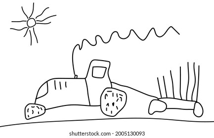 Moving Tractor With Trailer, Drawing Of Child, Hand Drawn. Vector Illustration