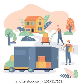 Moving and transportation of things. Loader delivers boxes to a new house. Delivery truck with open doors. Relocation concept background. Trendy design vector illustration