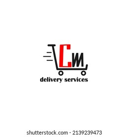 Moving trolley with letter CM template. logistic company logo. delivery service logo. editable simple logo.