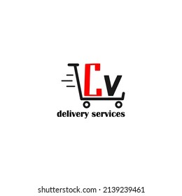 Moving trolley with letter CV template. logistic company logo. delivery service logo. editable simple logo.