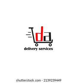 Moving trolley with letter DA template. logistic company logo. delivery service logo. editable simple logo.