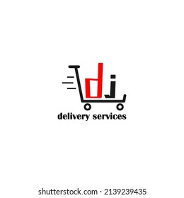 Moving trolley with letter DJ template. logistic company logo. delivery service logo. editable simple logo.