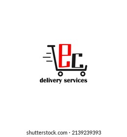 Moving trolley with letter EC template. logistic company logo. delivery service logo. editable simple logo.