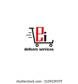 Moving trolley with letter EI template. logistic company logo. delivery service logo. editable simple logo.