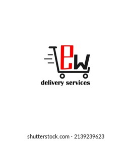 Moving trolley with letter EW template. logistic company logo. delivery service logo. editable simple logo.