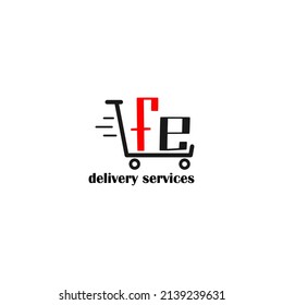 Traslado de carro con la letra plantilla FE. logotipo de la empresa logística. logotipo del servicio de entrega. logotipo simple editable.