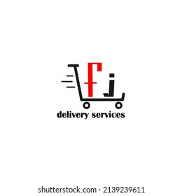 Moving trolley with letter FJ template. logistic company logo. delivery service logo. editable simple logo.