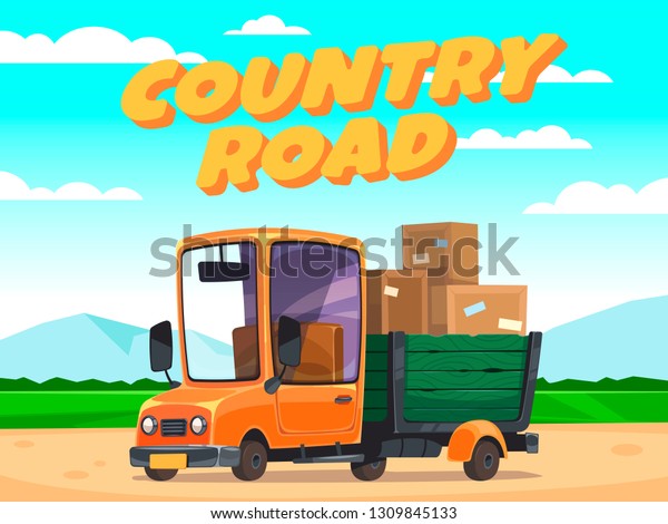 Moving\
truck with boxes. Country road. Cars set. Vector Illustration.\
Cartoon style. Realistic. Cute car concept\
art.