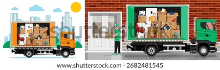 Moving truck with boxes full of household items. Professional man mover carrying container. Home relocation and delivery service.