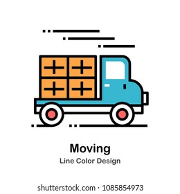 Moving truck with boxes line color icon