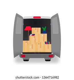 Moving truck with boxes vector illustration. Delivery van with open doors. Cardboard containers in car trunk isolated clipart. Relocation service flat drawing. Lorry rent for furniture transportation