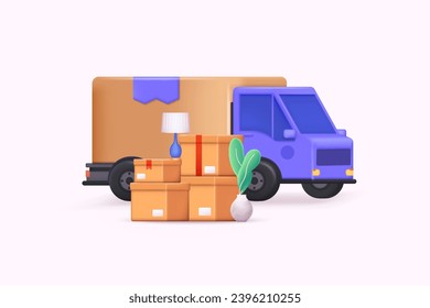 Moving truck and cardboard boxes. Moving House. Transport company. 3D Web Vector Illustrations.