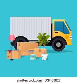 Moving truck and cardboard boxes. Moving House. Transport company.