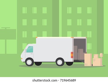 Moving truck and cardboard boxes on the street. Moving House. Transport company. Vector Illustration