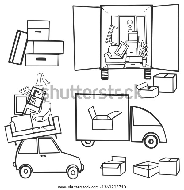 Moving truck and cardboard boxes.\
Relocation. Vector\
illustration.