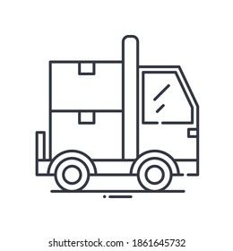 Moving truck concept icon, linear isolated illustration, thin line vector, web design sign, outline concept symbol with editable stroke on white background.