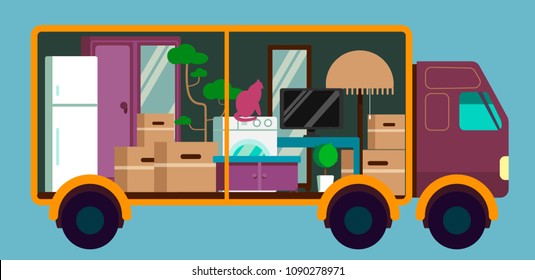Moving truck full of furniture and boxes. Flat vector illustration.