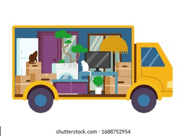 Moving truck full of furniture and boxes. Inside view. Flat vector illustration.