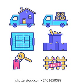 Moving truck, moving house, house moving icon, house key icon