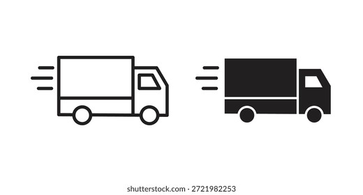 Icono de camión en movimiento icono plano simple. Versión Liner - Vector de stock.