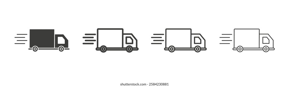 Moving truck icons set. Liner outlined and flat black color