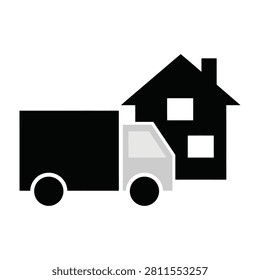 A moving truck parked in front of a house for relocation or delivery service