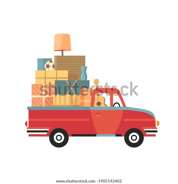 Moving Truck Service flat color vector icon.
Delivery transport company sign background. Package cardboard
boxes, relocation to change home. Carry containers, cargo with
domestic objects
illustration