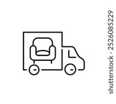 Moving truck with sofa. Furniture delivery and rental. Pixel perfect, editable stroke icon