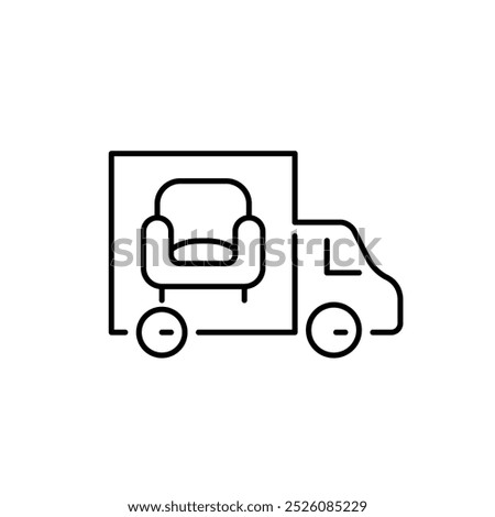 Moving truck with sofa. Furniture delivery and rental. Pixel perfect, editable stroke icon