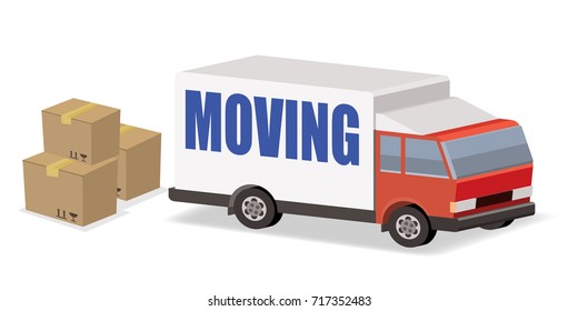 moving truck, truck with word moving and boxes