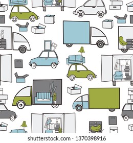 Moving trucks and cardboard boxes. Relocation. Vector  seamless pattern