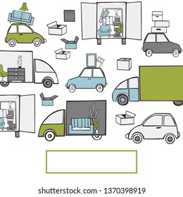 Moving trucks and cardboard boxes. Relocation. Vector background.