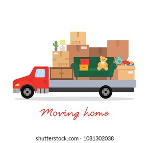 Moving of trucks, furniture, cardboard boxes, flowers. House on wheels. Transportation company.platform vector illustration isolated on white background