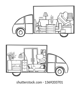 Moving trucks. Relocation. Vector sketch  illustration.