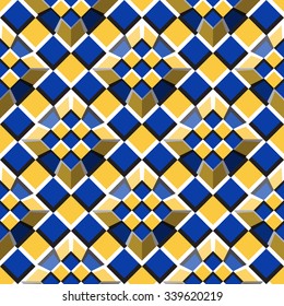 Moving truncated pyramids on a checkered surface. Abstract vector repeatable pattern with optical illusion of movement.