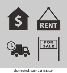 moving vector icons set. with fast delivery truck, sale sign and house rent in set