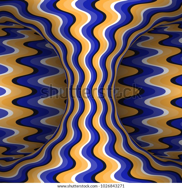 Moving wavy patterned hyperboloid of orange blue stripes. Vector optical illusion illustration.