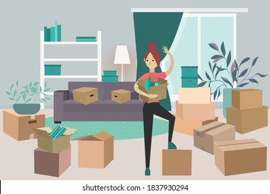 moving a young girl to another apartment. the woman goes to another city. the student moves to a new home. the interior of the apartment is filled with boxes.