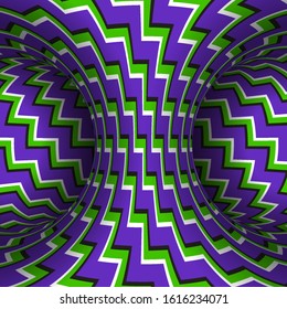 Moving zigzag patterned torus of purple green stripes. Vector hypnotic optical illusion illustration.