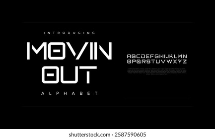 Movinout creative modern geometric urban alphabet font. Digital abstract futuristic, game, techno, robot, music, logo, sport, minimal technology typography. Simple numeric vector illustration