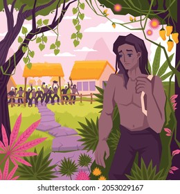 Mowgli coloring flat composition with the hero went into the jungle from his village vector illustration