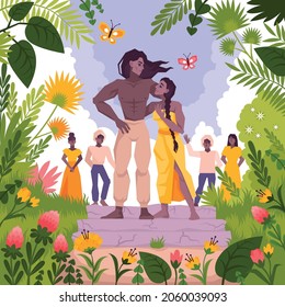 Mowgli coloring flat concept with the hero returns to the people in the village vector illustration