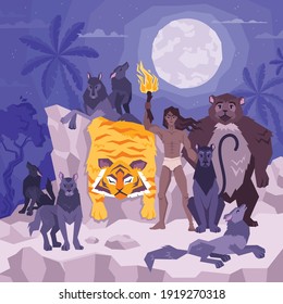 Diseño de páginas de colores Mowgli con ilustraciones de los vectores de oso y lobo de las rocas