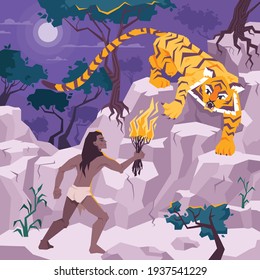 Diseño de página de color Mowgli con tigre de rocas e ilustración de vector de fuego