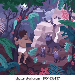 Mowgli coloring page flat composition with little boy character in rainforest scenery with wolves on cliff vector illustration