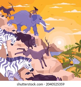 Composición plana de la página de coloreo Mowgli con paisaje exótico y animales corriendo por el acantilado con ilustración vectorial de niño