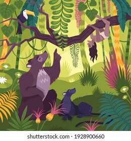 Mowgli landscape background with bear toucan and panthera vector illustration