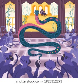 Mowgli page background with ruined building monkey and snake vector illustration