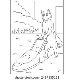 mowing dog coloring book page for kids or grown adults coloring book mindful relaxation activity